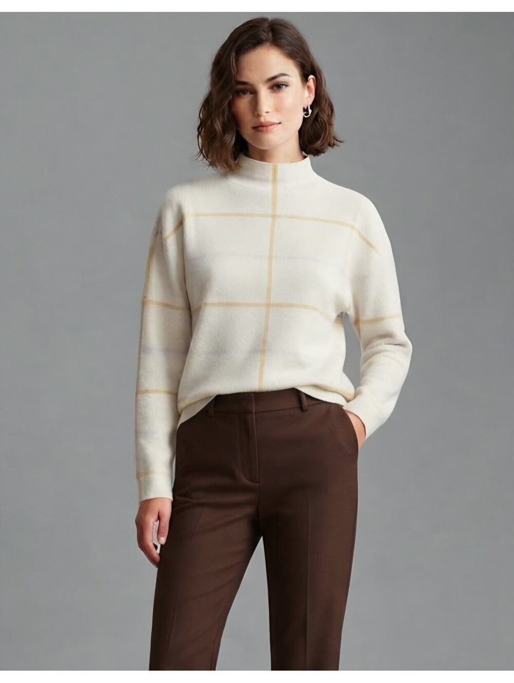 Anthropologie Cream Windowpane Mock Neck Sweater. Size M